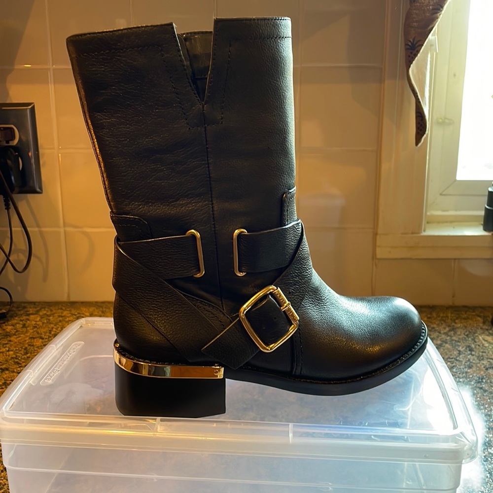 Vince Camuto leather mid shaft boots with gold hardware and buckle.NWOT.